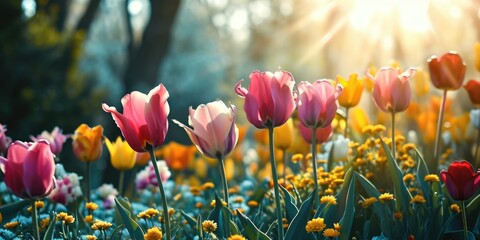 tulips with sunlight background, sun rays and bright flowers, in the style of light teal and light yellow - obrazy, fototapety, plakaty
