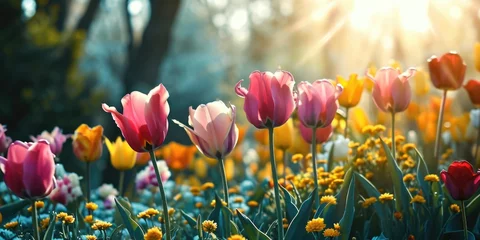 Foto op Plexiglas tulips with sunlight background, sun rays and bright flowers, in the style of light teal and light yellow © Landscape Planet
