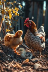 Family of hen and chickens roaming free in an organic farm. Adult hen taking care of newborn chicks in a field of grass.