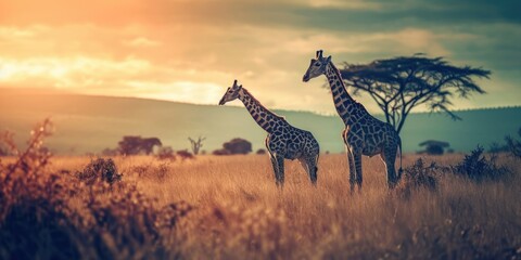 two giraffes are standing on a grassy field