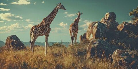 two giraffes are standing on a grassy field - obrazy, fototapety, plakaty