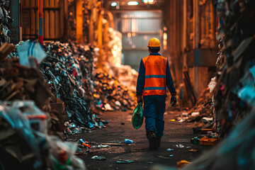 A worker at a recycling center, seen from the back, diligently recycling materials. - obrazy, fototapety, plakaty