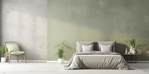 Minimalistic grey bedroom interior design with green bed, eucalyptus vase, and concrete ceiling. Scandinavian aesthetic.