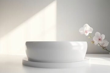 Smooth edge natural shape white podium in sunlight shadow 