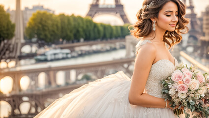 Naklejka premium Beautiful bride in a white dress against the backdrop of the Eiffel Tower