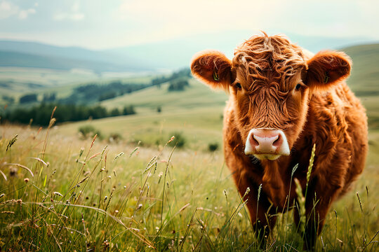 A fluffy cow peacefully grazes in a picturesque open field.
