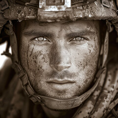 Portrait of Royal Marines Commando with a serious look