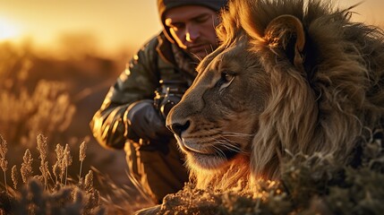 A wildlife photographer in the field focuses intently on capturing the majestic presence of a lion...