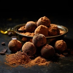 Decadent chocolate truffles dusted with rich cocoa powder presented on a vintage plate, evoking a sense of indulgence.
