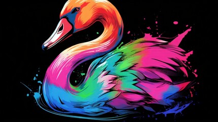 Beautiful swan rainbow vibrant colorsplash, watercolor style black background. Generate AI