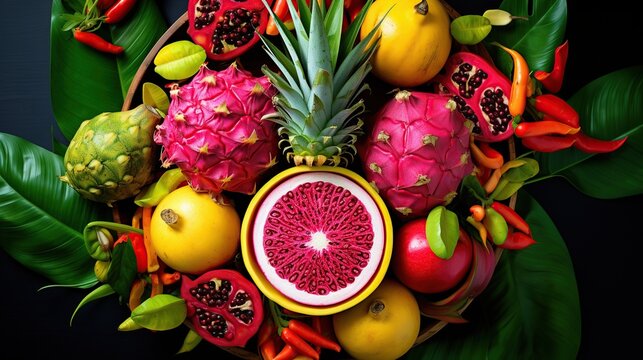Vibrant arrangement of exotic tropical fruits with lush green leaves and fiery red accents on a dark backdrop.

