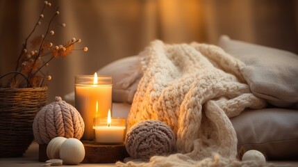 A serene winter interior featuring a soft knit blanket, glowing candles, and decorative elements on a side table.

