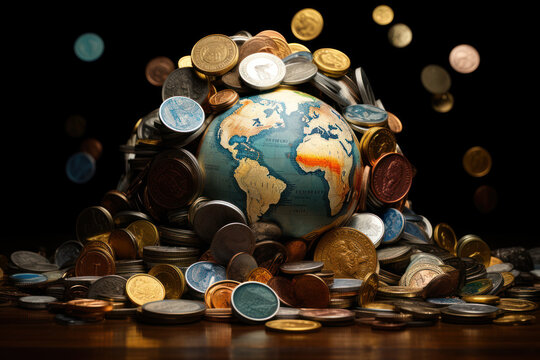 A visually appealing collage of diverse currencies forming a globe, emphasizing the global nature of financial markets and the opportunities for worldwide investments. Generative Ai.