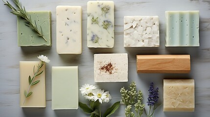 Variety of organic, handmade soap pieces on rustic wood, decorated with plants and flowers.
 - obrazy, fototapety, plakaty