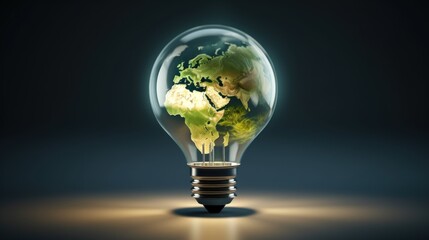 Light Bulb with Green Earth Map for Sustainable renewable energy Innovation. Generate AI