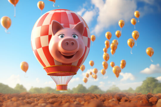 A cheerful illustration of a piggy bank growing into a hot air balloon, symbolizing the uplifting and buoyant outcomes of wise financial decisions. Concept of financial elevation. Generative Ai.
