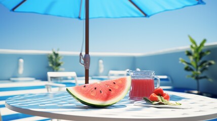 Fototapeta na wymiar A sliced watermelon on a poolside table surrounded by blue umbrellas -Generative Ai 
