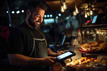 A snapshot of a tech-savvy food truck operator using a portable card reader to accept electronic payments, highlighting the adaptability of small businesses to modern payment methods. Generative Ai.