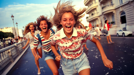 Group of young women running down street with their hair in the wind.