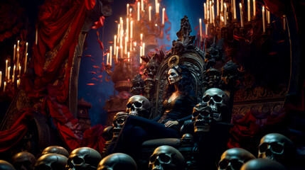 Obraz premium Woman sitting on throne surrounded by skulls in room full of candles.