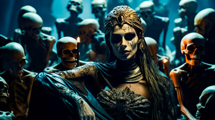 Obraz premium Woman in costume with skulls around her and candle in her hand.