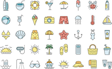 Beach icons set. Outline set of beach vector icons thin line color flat on white