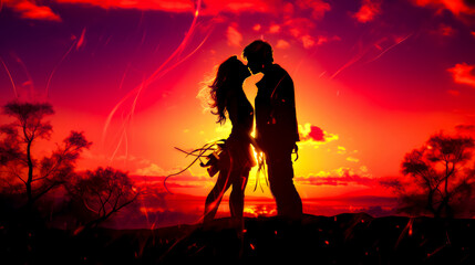 Silhouette of man and woman kissing in front of sunset.