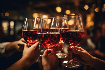 A group of friends raising glasses in a toast at a luxurious dinner, illustrating the rewards of smart financial decisions that enable shared celebrations.  Generative Ai.