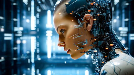 Woman's face is shown with robot's head in front of her.