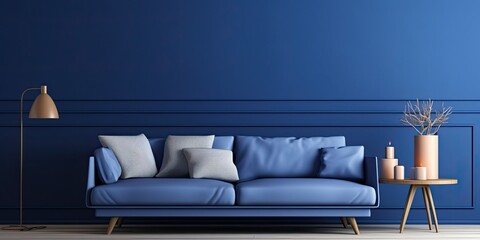 Minimalistic Scandinavian living room interior with a dark blue color scheme.