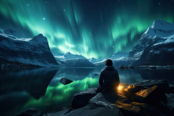 A breathtaking view of a person gazing at the Northern Lights during a solo expedition, portraying the awe-inspiring moments achievable through financial independence. Generative Ai.