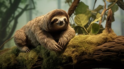 A sloth enjoying a panoramic view from a high tree branch, capturing the vastness of the jungle -Generative Ai
