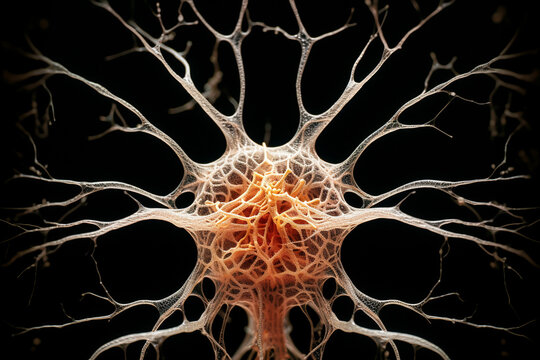Photographing the complex structure of a neuron, emphasizing its branching dendrites and axon terminals. Metamorphosis, life, happiness