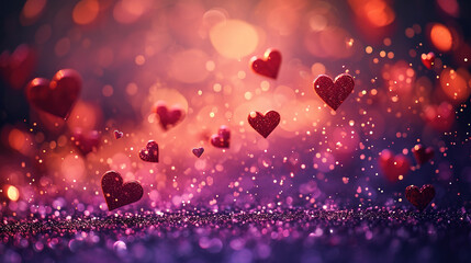 Flying pink sparkling hearts on a purple background, Valentines day 