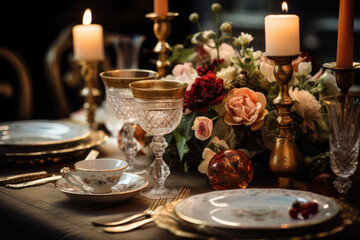 An intimate New Year's gathering bathed in soft, noble colors and adorned with vintage decor, offering a glimpse into the serene luxury of celebrating amidst classic inspirations. Generative Ai.