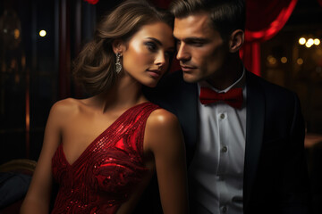 Amidst the rich tapestry of a New Year's celebration, the "Retro yet timeless" trend takes center stage, with guests immersed in the grace and refinement. Generative Ai.