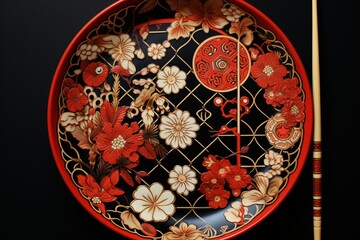 Naklejka premium A plate decorated with Japanese patterns and a chopstick on a dark background.