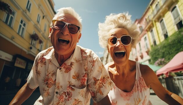Pareja de ancianos saltando y divirtiendose.Locura y despreocupacion en la tercera edad. Concepto de volver a la ni&ntilde;ez y alegria extrema.