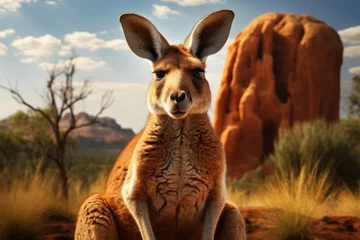 Poster Artistic portrayal of a red kangaroo as the animal emblem of Australia, set against a backdrop that reflects the country's diverse landscapes and captures the essence. Generative Ai. © Sebastian