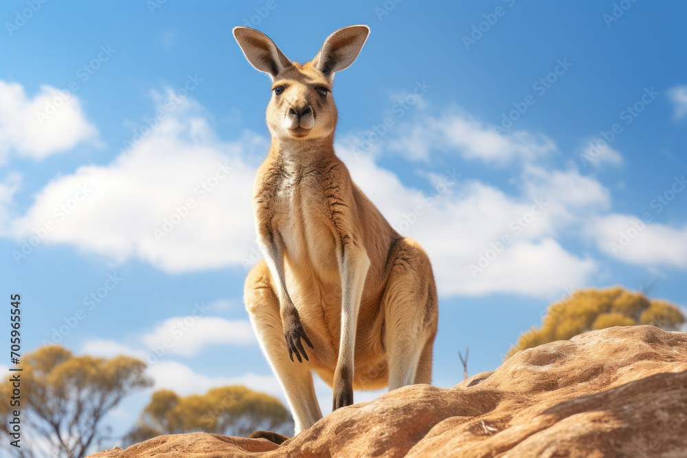 Poster Imaginative portrayal of the red kangaroo, Australia's iconic animal emblem, in a stylized and modern setting, reflecting the nation's dynamic spirit. Generative Ai.