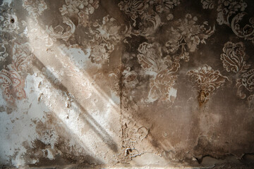 Dirty and peeling wallpaper, a close-up shot featuring dirty and peeling wallpaper in an abandoned room.