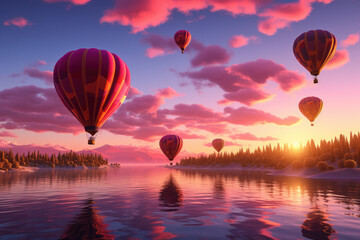 Heart-shaped hot air balloons floating against a vibrant sunset sky, creating a romantic atmosphere for Valentine's Day celebrations. Generative Ai.