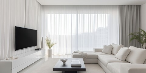 Contemporary, white apartments with AC, TV, and sheer curtains