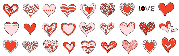 Vector set with hand drawn hearts in pink, red and black colors with various patterns, dots, stripes, wavy lines, floral elements and scales for Valentine's Day and Mother's Day designs - 705965773