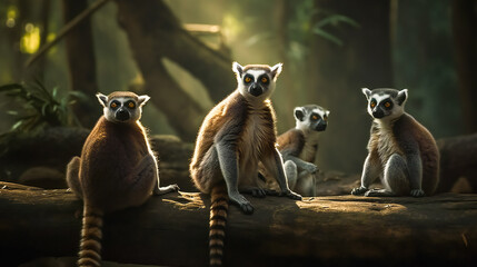 Curious Lemur Family Investigating Their Surroundings. Generative AI - obrazy, fototapety, plakaty