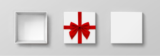 Box mock up top view with red bows isolated on gray background. White 3d open container. Vector empty Christmas gift package or New Year present wraps - obrazy, fototapety, plakaty
