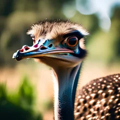 Tuinposter Close-up image of an  ostrich head with  trees in the background © freelanceartist