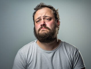 Portrait of a fat man with beard and mustache making a sad face, on a gray background