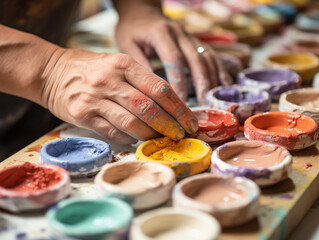 A close-up of an artist's hand, a creative hobby, bright colors