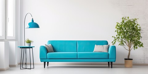Modern apartment with turquoise couch and workspace against white wall.